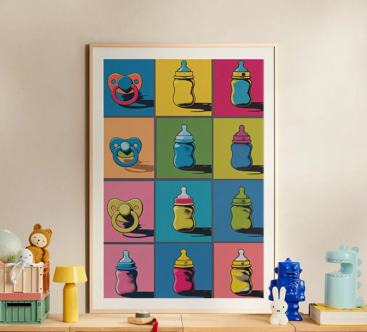 Biberons et sucettes dans une grille de présentation hahnemühle de DesignDoodle