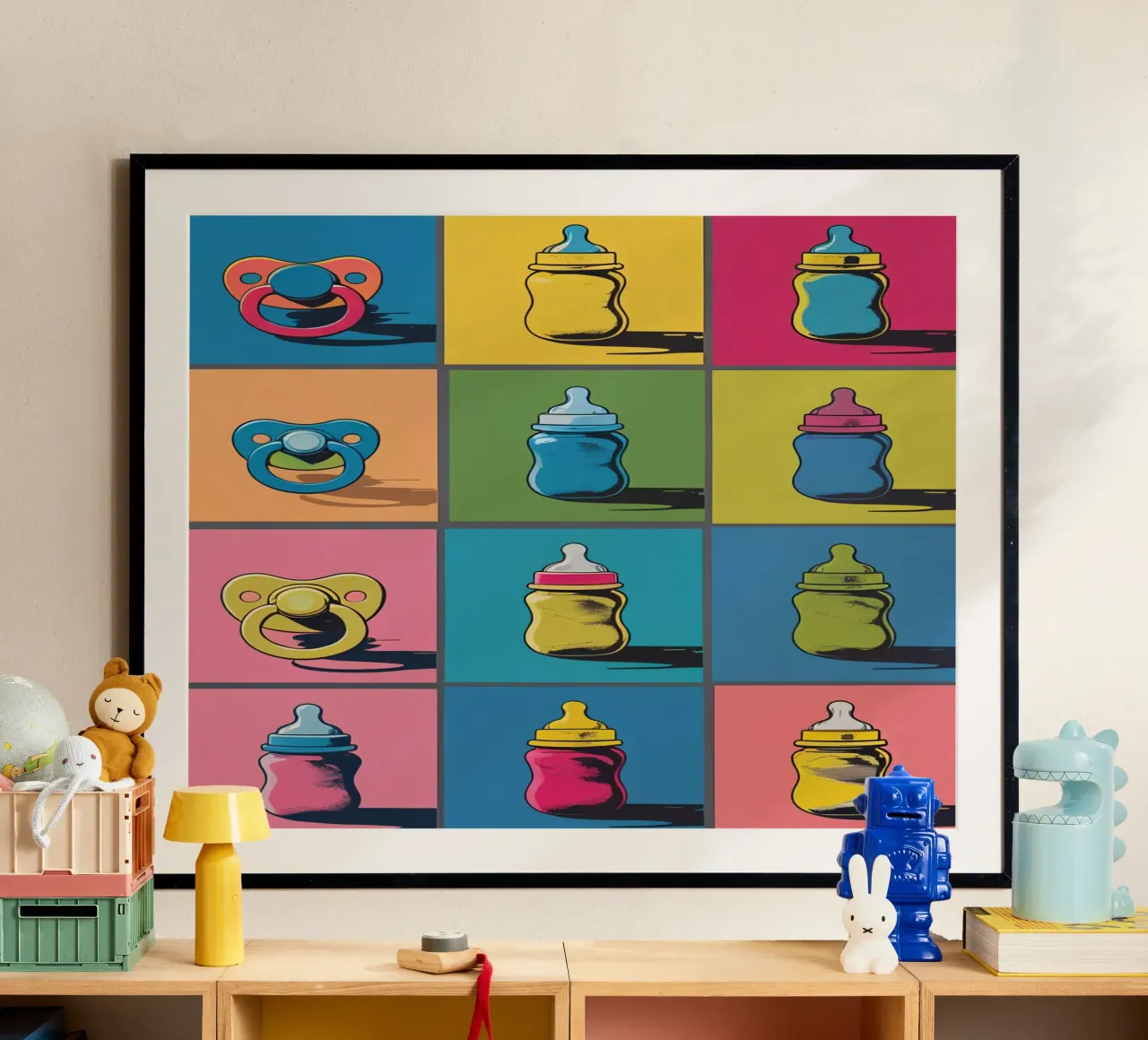 Biberons et sucettes dans une grille de présentation hahnemühle de DesignDoodle