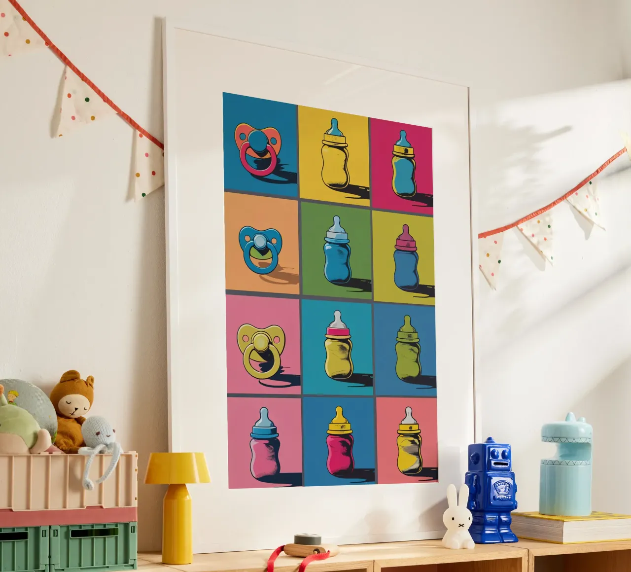 Biberons et sucettes dans une grille de présentation hahnemühle de DesignDoodle