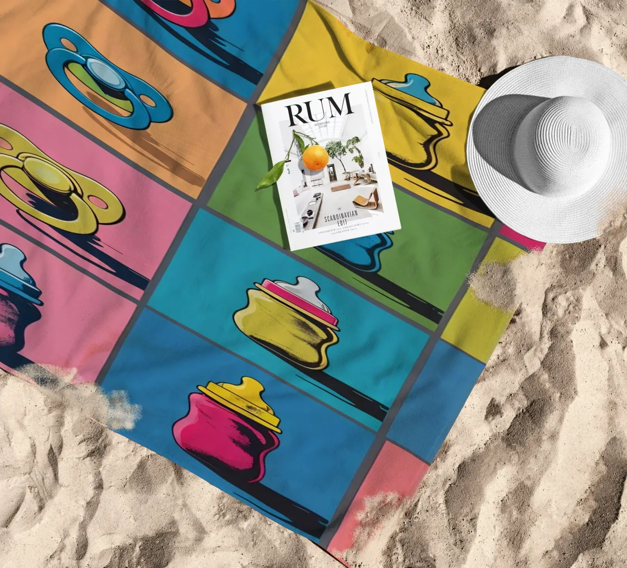 Baby Bottles and Pacifiers in a Grid Layout beach towel by DesignDoodle