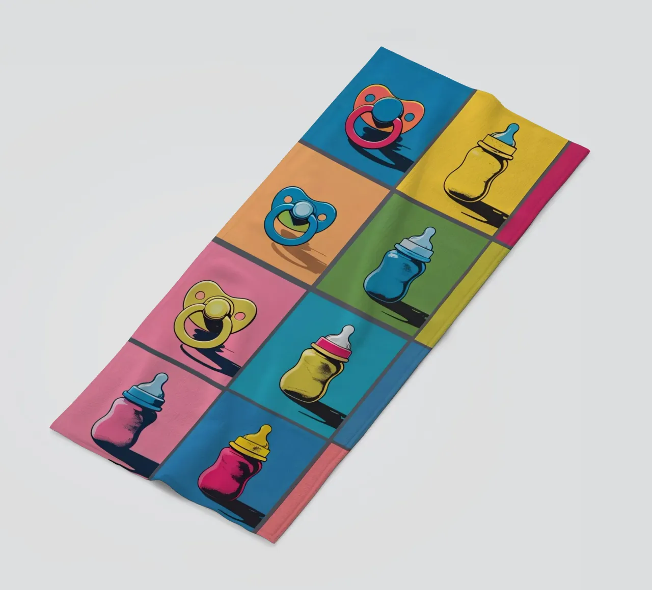 Baby Bottles and Pacifiers in a Grid Layout beach towel by DesignDoodle