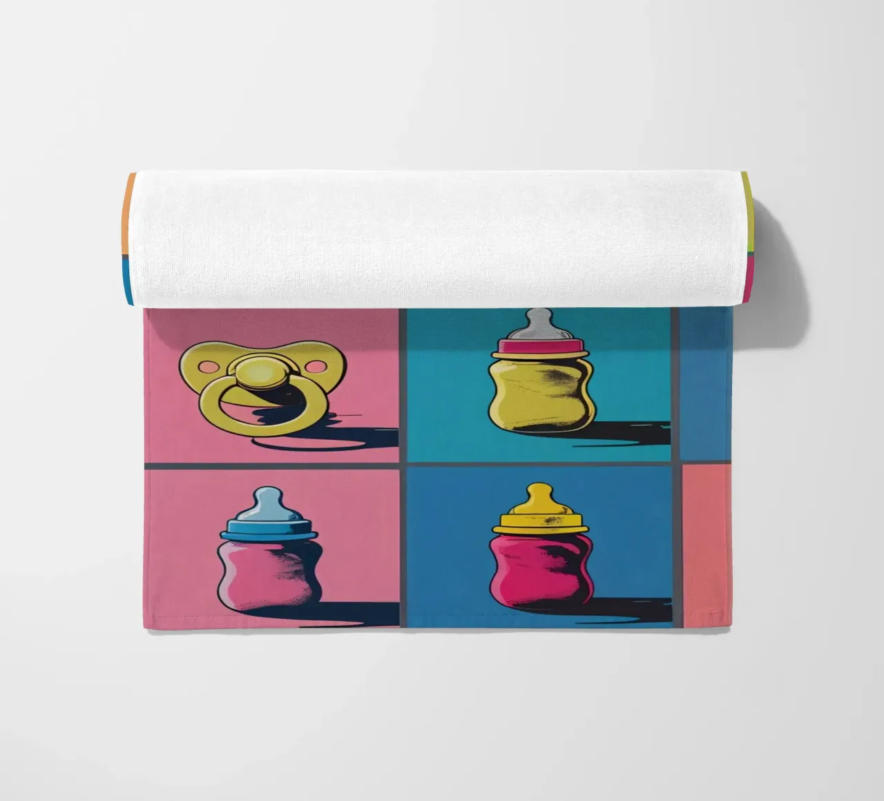 Baby Bottles and Pacifiers in a Grid Layout beach towel by DesignDoodle