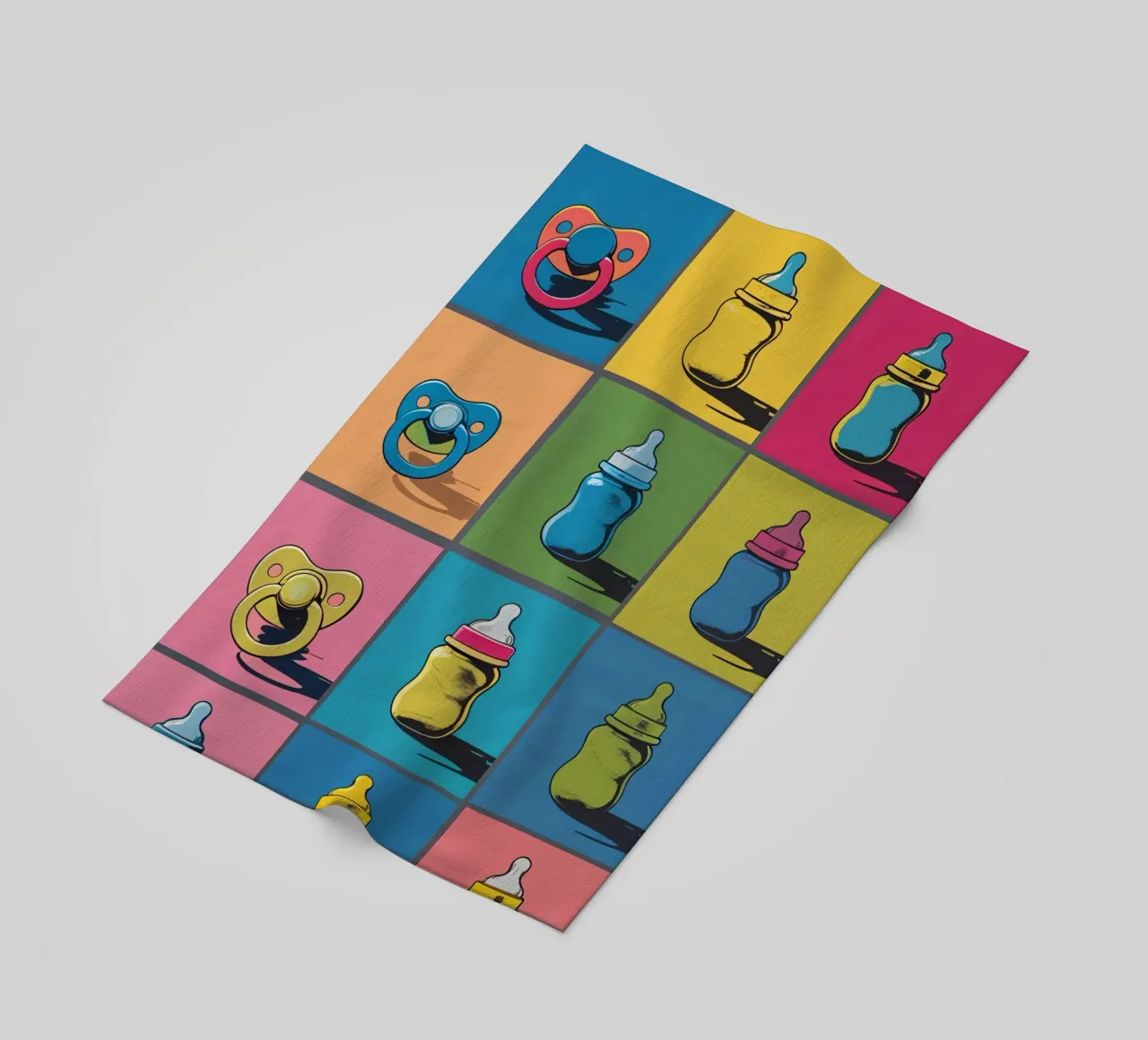 Baby Bottles and Pacifiers in a Grid Layout beach towel by DesignDoodle