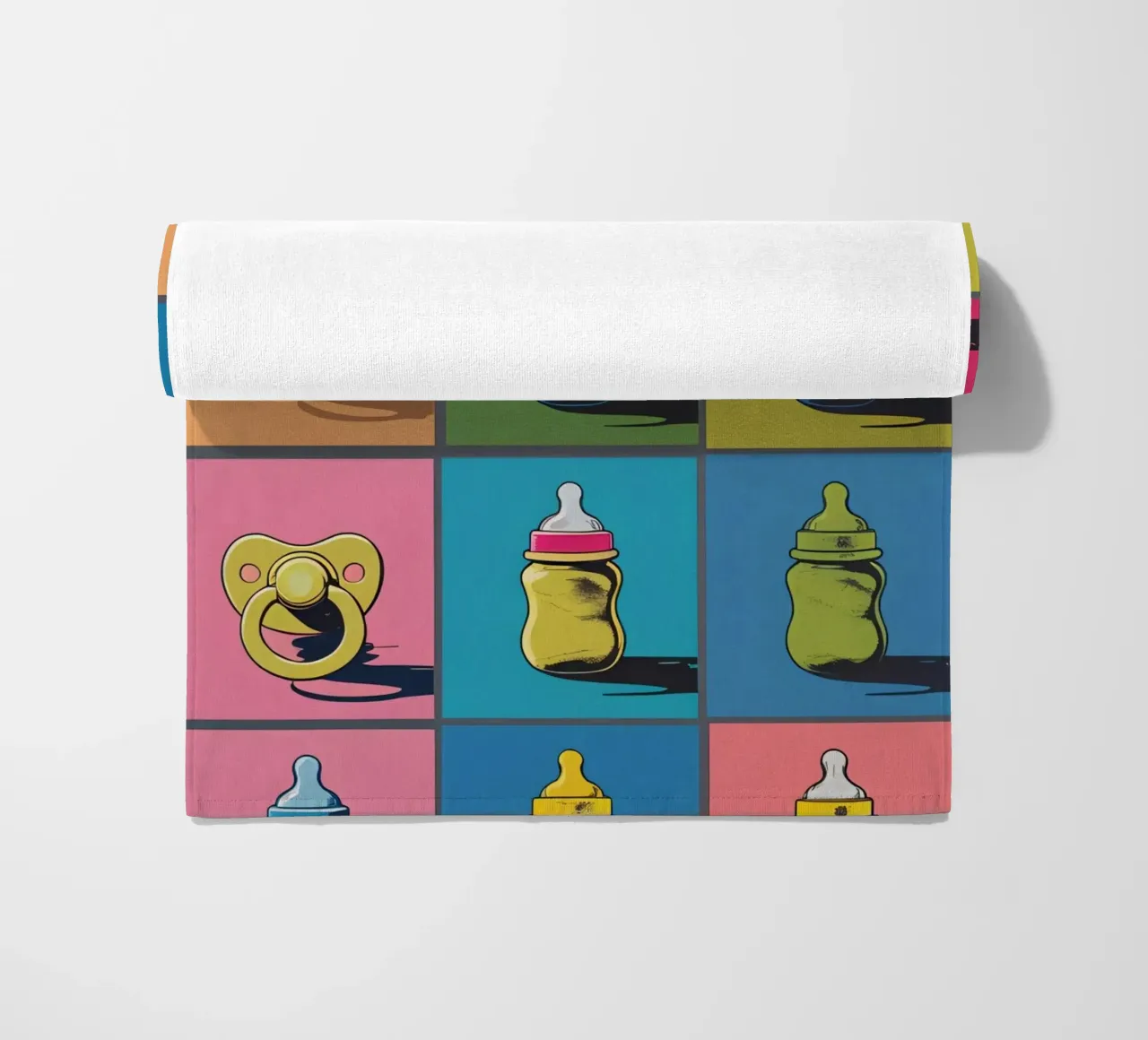 Baby Bottles and Pacifiers in a Grid Layout beach towel by DesignDoodle