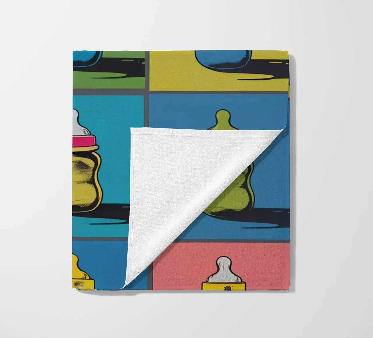 Baby Bottles and Pacifiers in a Grid Layout beach towel by DesignDoodle