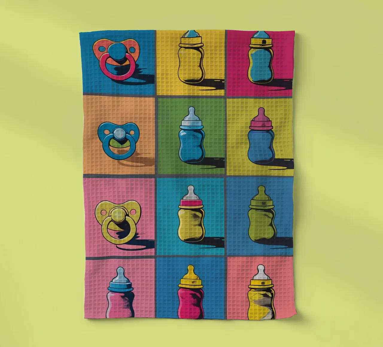 Biberons et sucettes dans une grille de présentation torchon de DesignDoodle