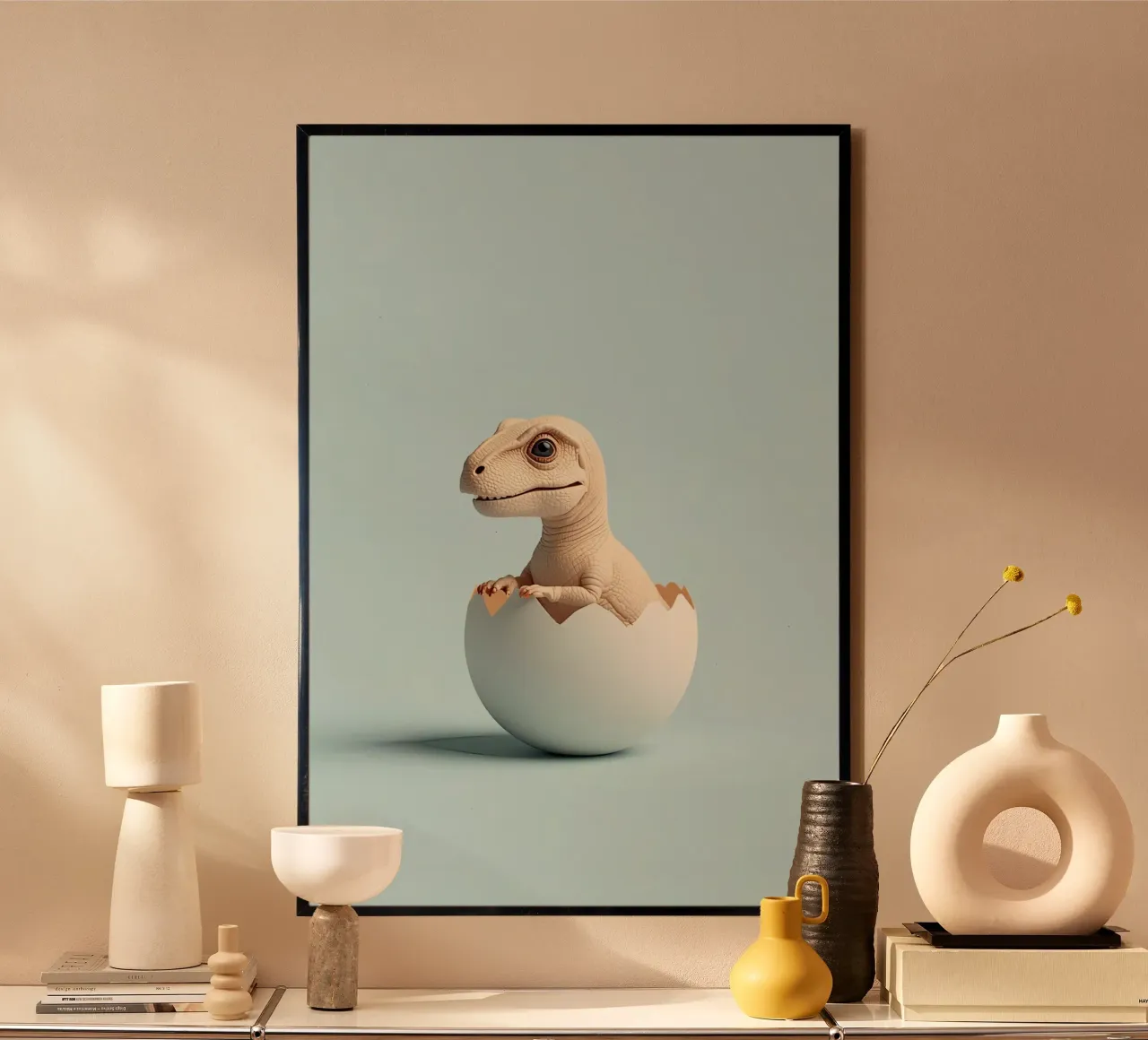 Simpática cría de dinosaurio saliendo de un huevo hahnemühle de DesignDoodle