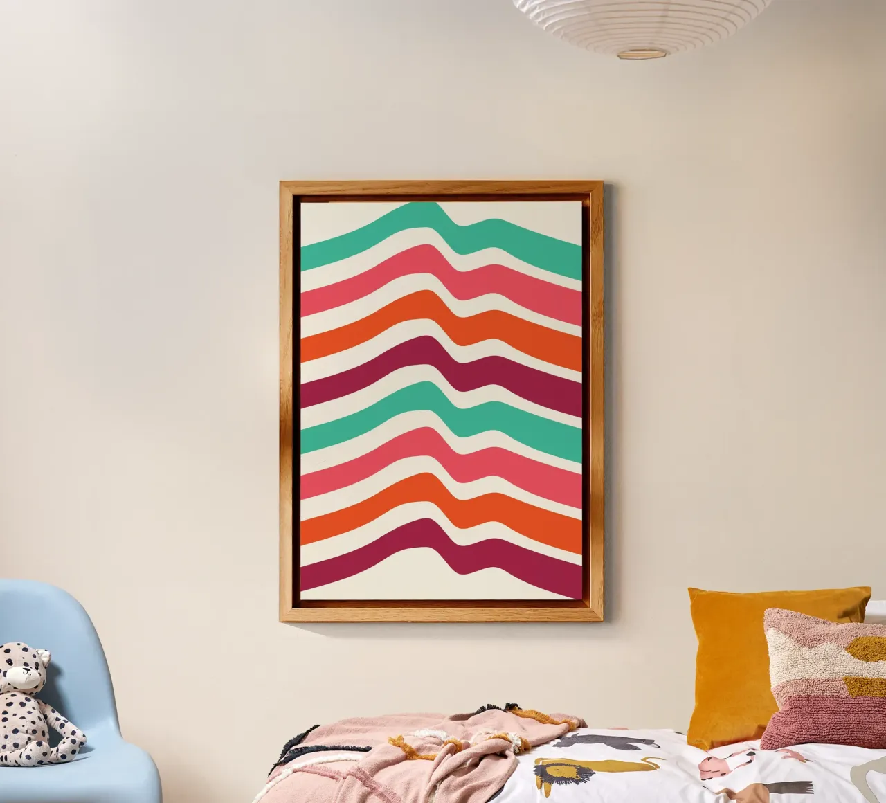 Stampa d'arte retrò a linee ondulate - Design groovy verde acqua rosa arancione alluminio dibond da Grungeo