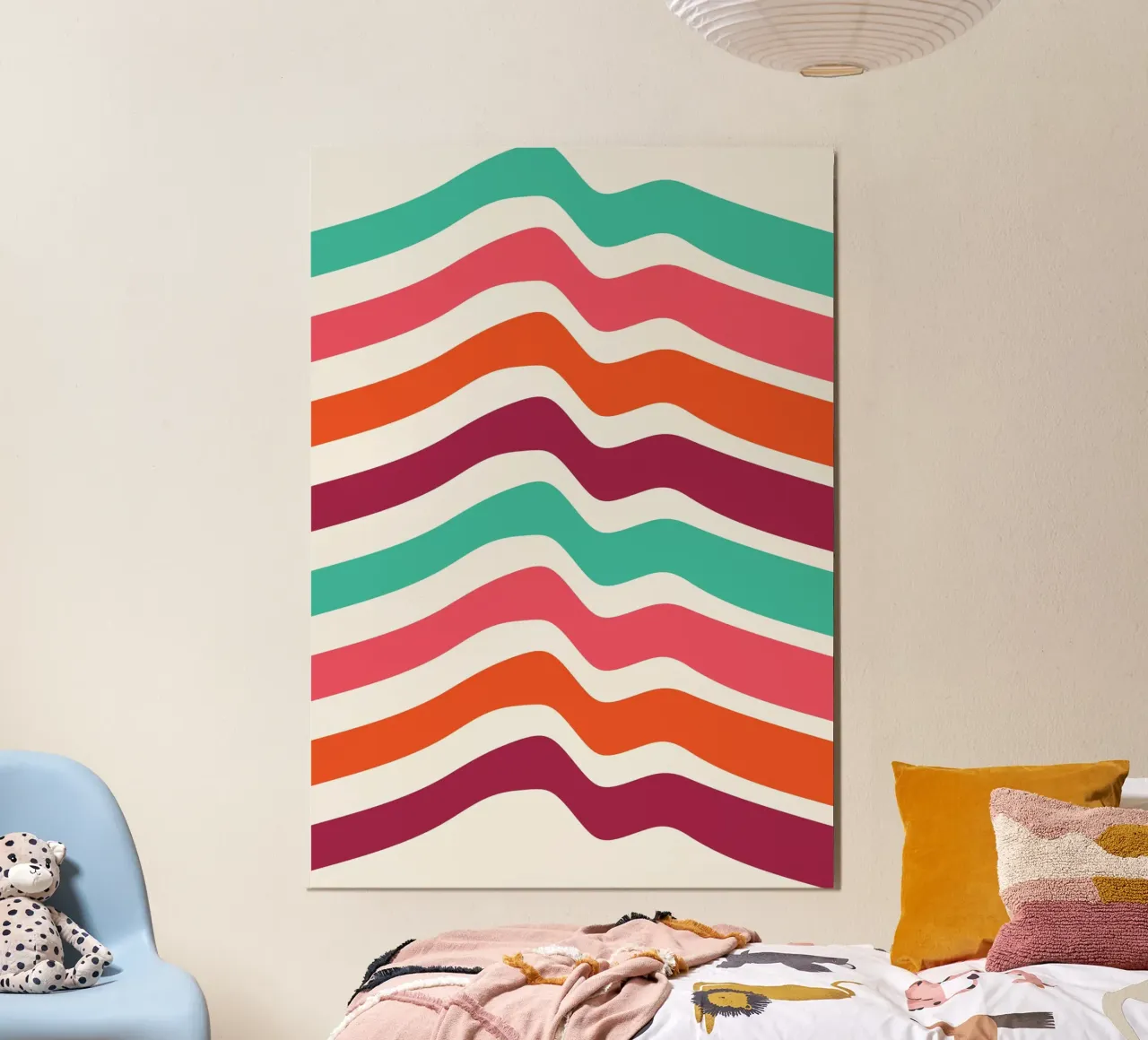 Stampa d'arte retrò a linee ondulate - Design groovy verde acqua rosa arancione alluminio dibond da Grungeo