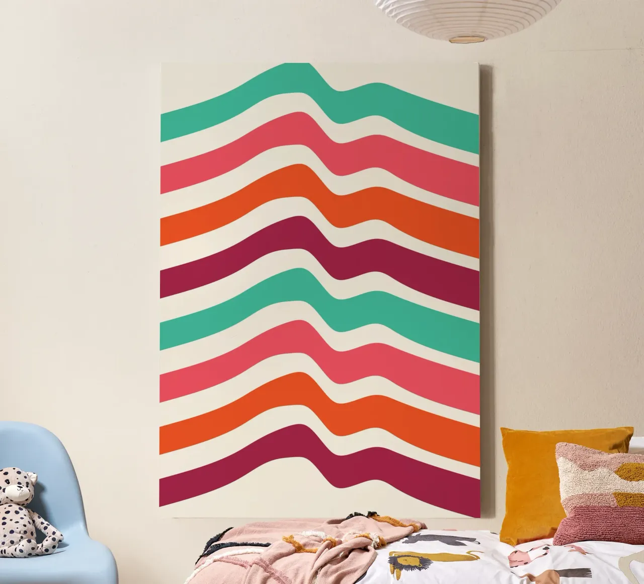 Stampa d'arte retrò a linee ondulate - Design groovy verde acqua rosa arancione tela da Grungeo