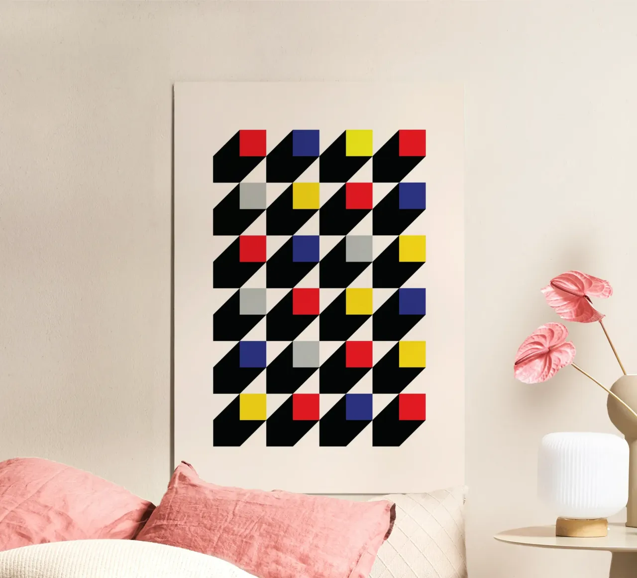 Modello cubo 3D De Stijl - Stampa op art a colori primari alluminio dibond da Grungeo