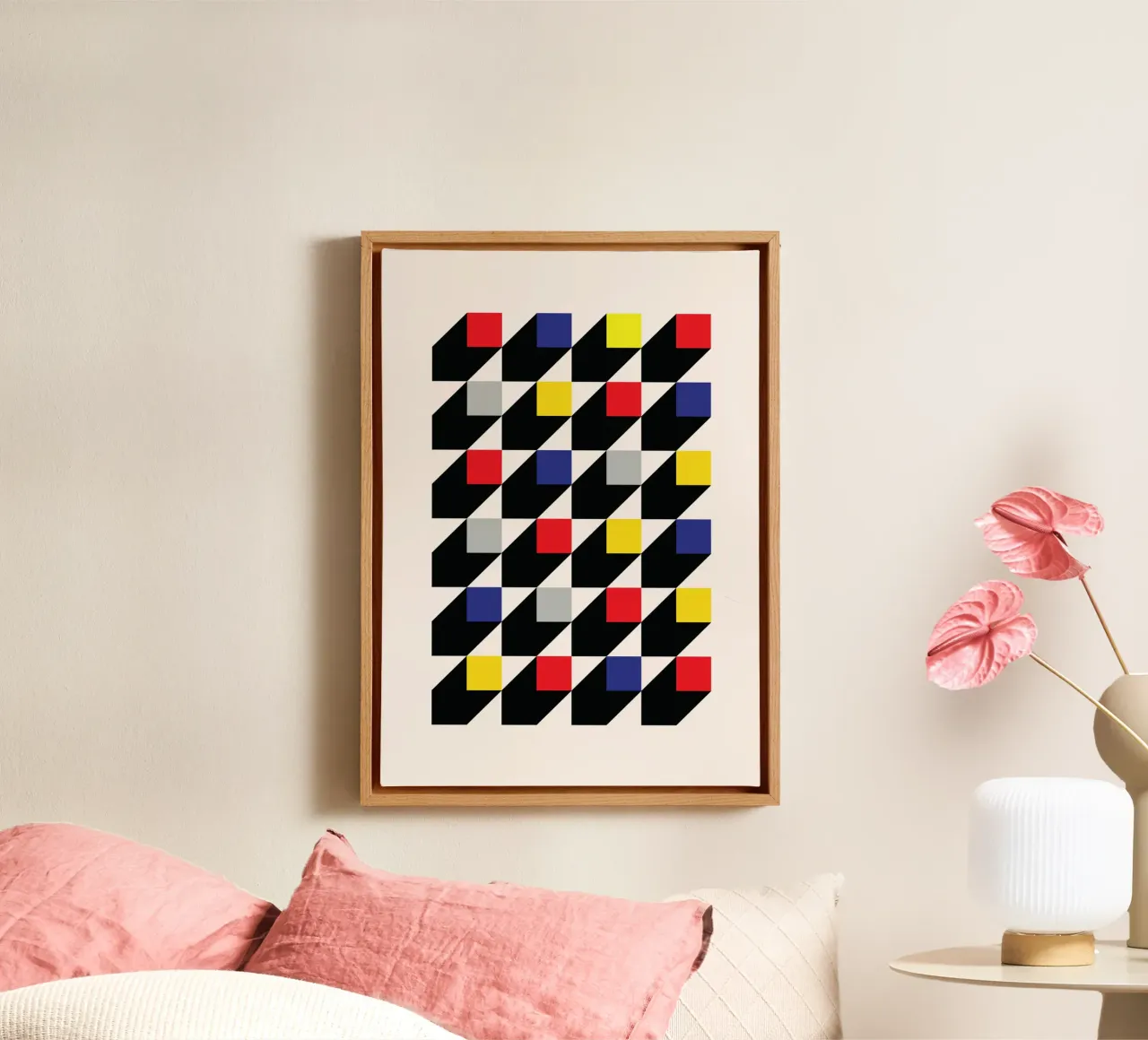 De Stijl 3D Cube Pattern - Primary Color Op Art Print toile de Grungeo