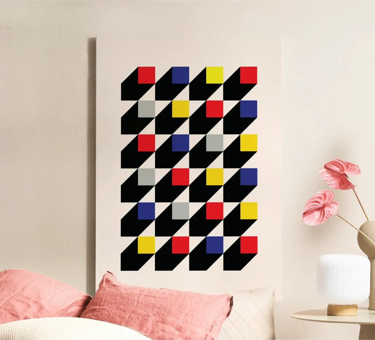 De Stijl 3D Cube Pattern - Primary Color Op Art Print toile de Grungeo
