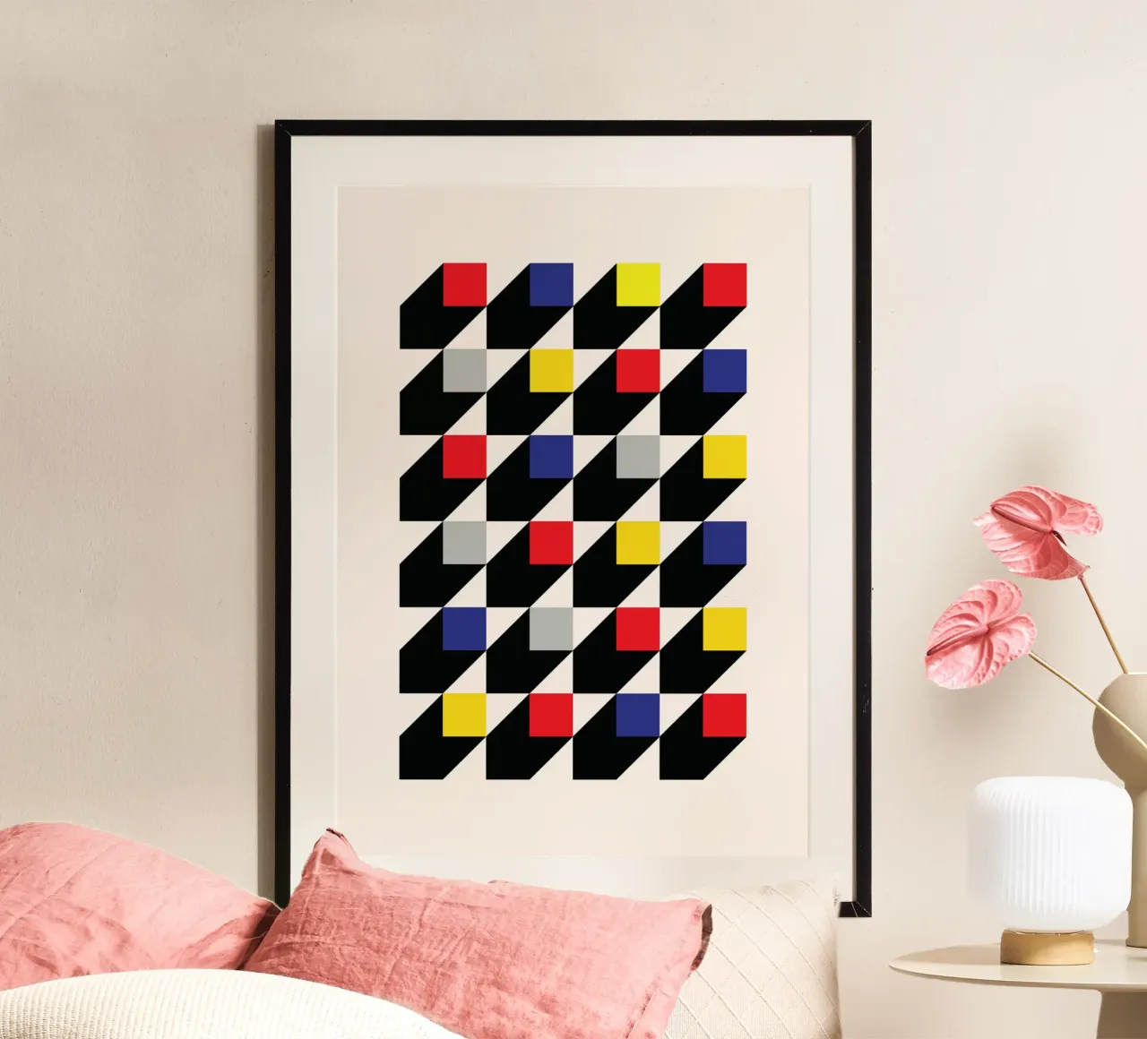 De Stijl 3D Cube Pattern - Primary Color Op Art Print hahnemühle by Grungeo