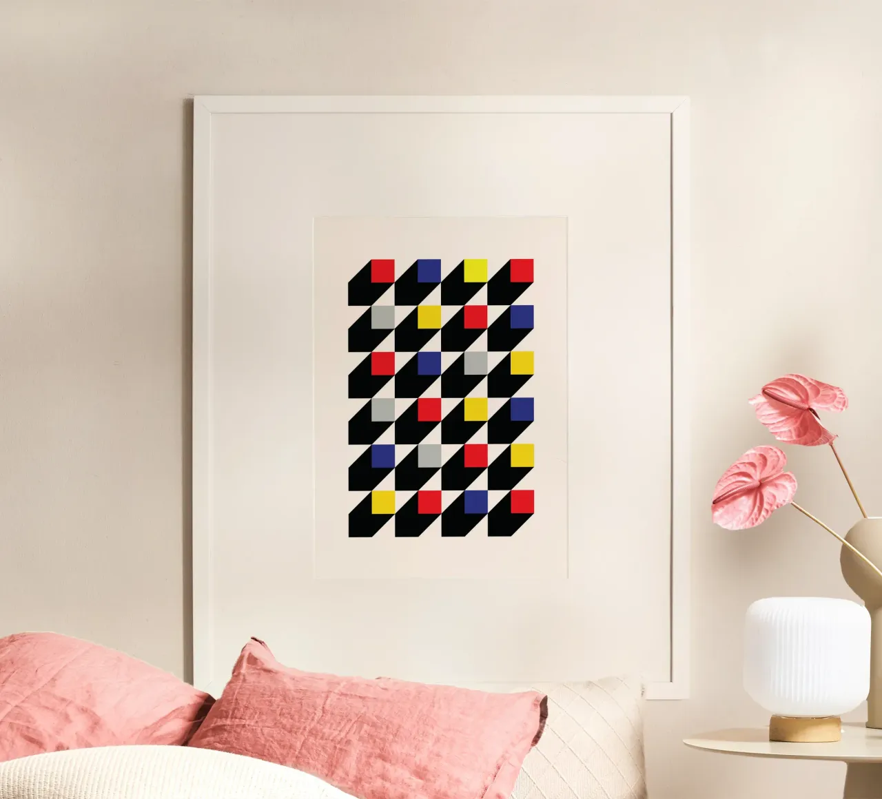 De Stijl 3D Cube Pattern - Primary Color Op Art Print hahnemühle by Grungeo