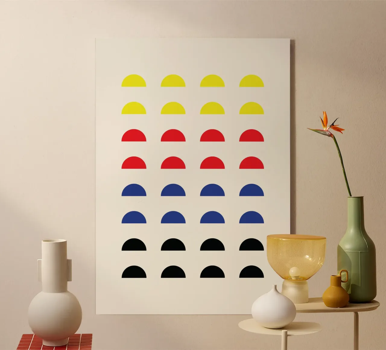 De Stijl Primary Color Semicircle Grid Print metacrilato de Grungeo