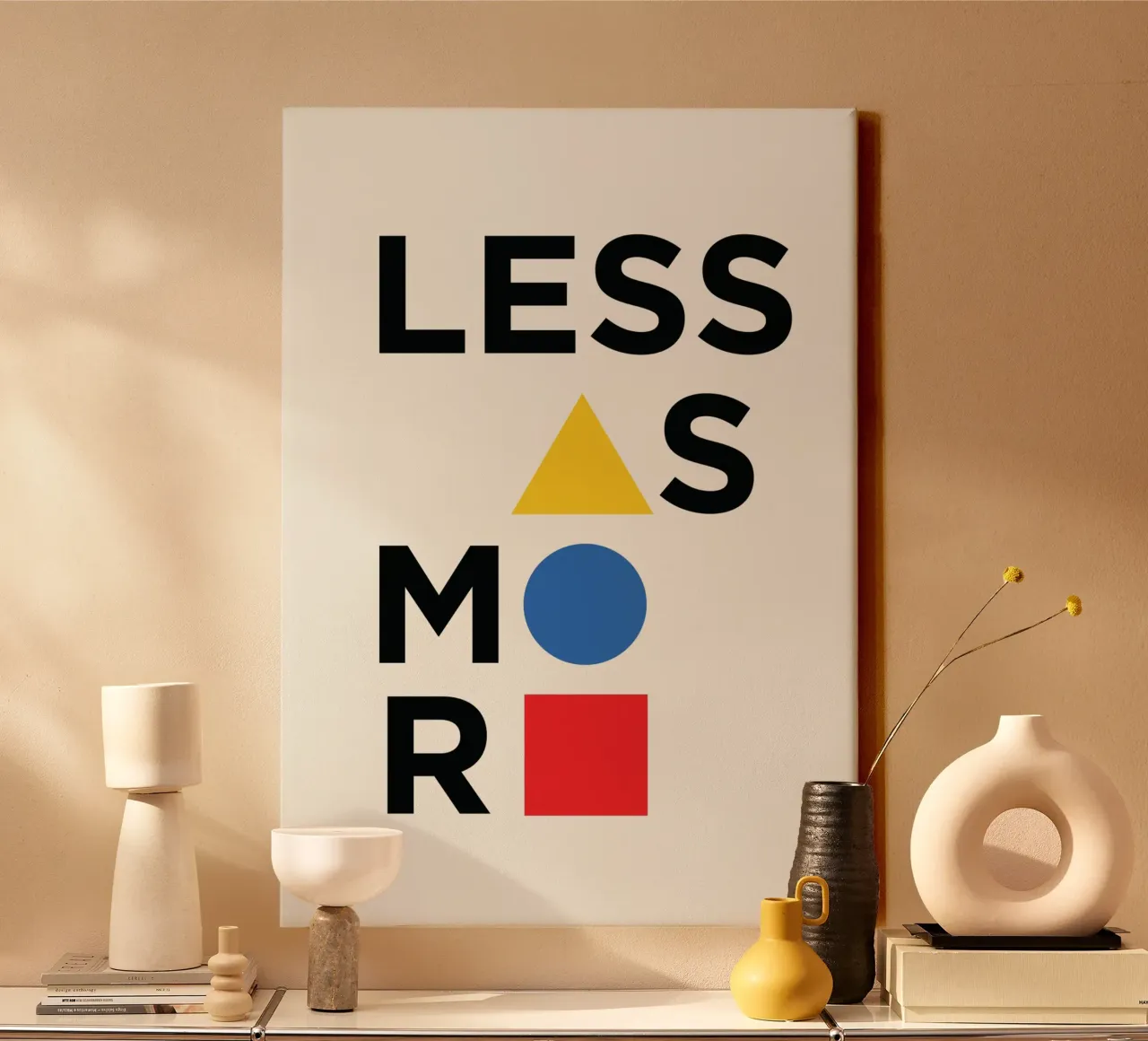 "Less is More" Bauhaus Typography & Primary Shapes canvas by Grungeo