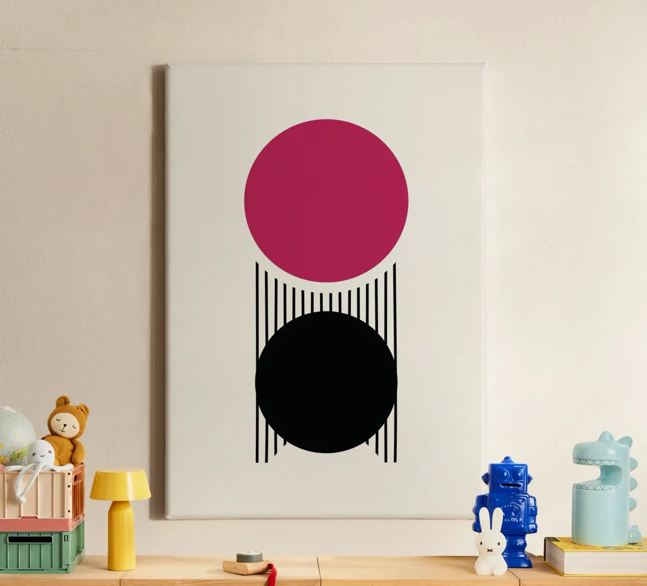 Roze & Zwarte Cirkels Abstracte Kunstdruk - Minimalistisch Evenwicht canvas van Grungeo