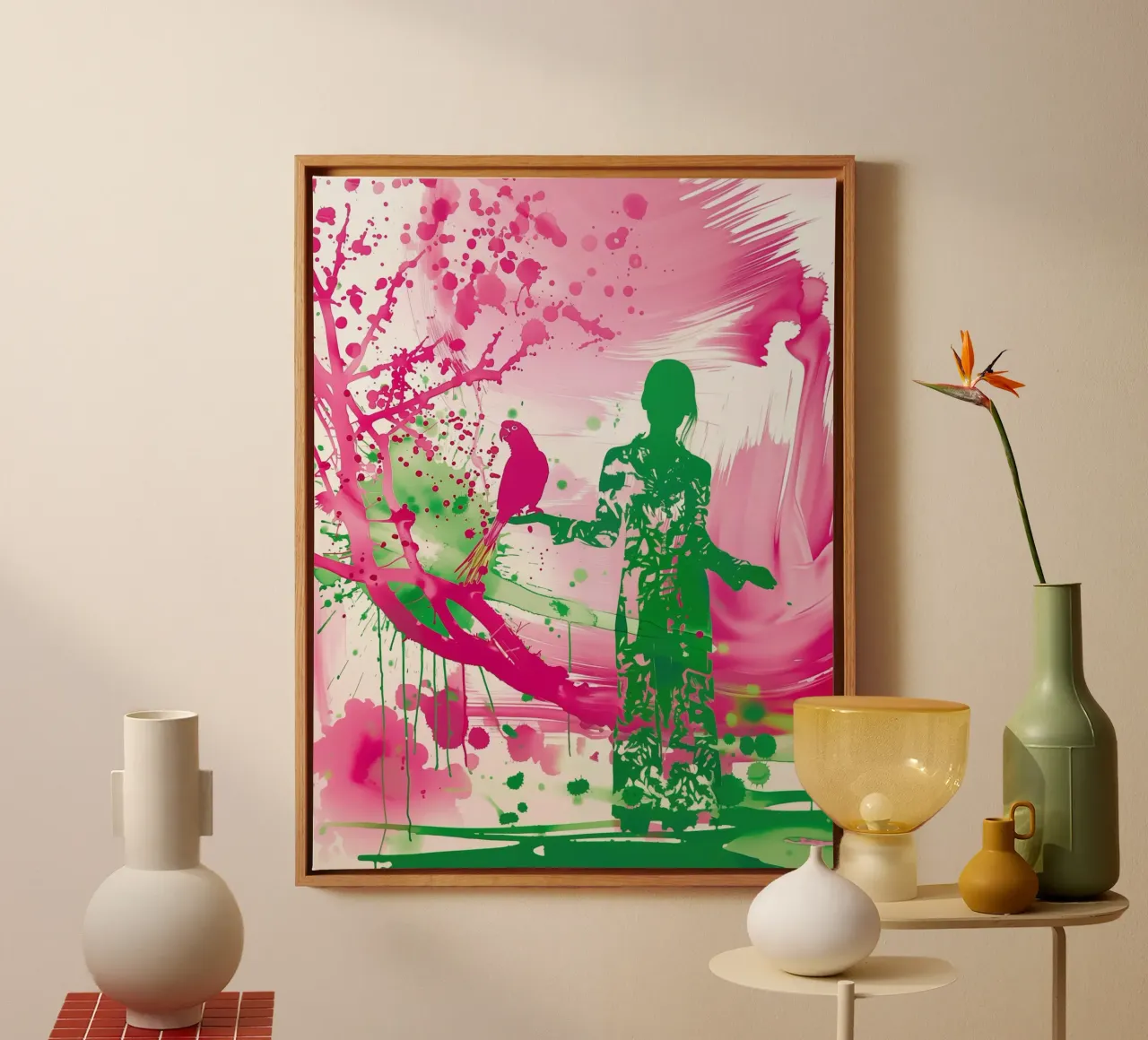 Donna verde con pappagallo rosa | Rivolta spontanea di colori tela con Cornice a cassetta da Autofocus