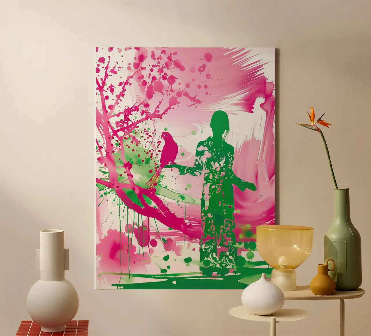 Donna verde con pappagallo rosa | Rivolta spontanea di colori tela con Cornice a cassetta da Autofocus
