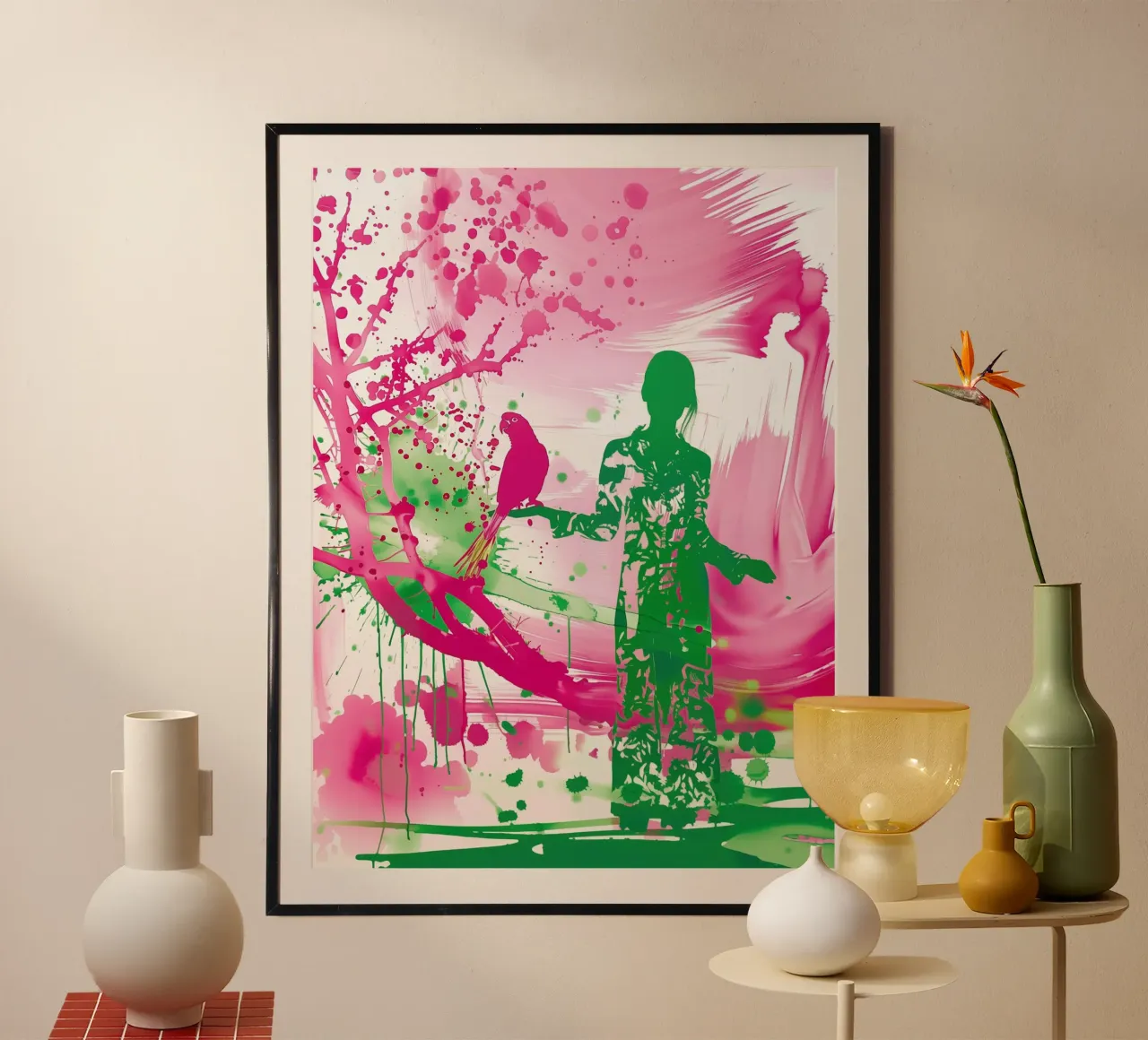 Donna verde con pappagallo rosa | Rivolta spontanea di colori poster da Autofocus