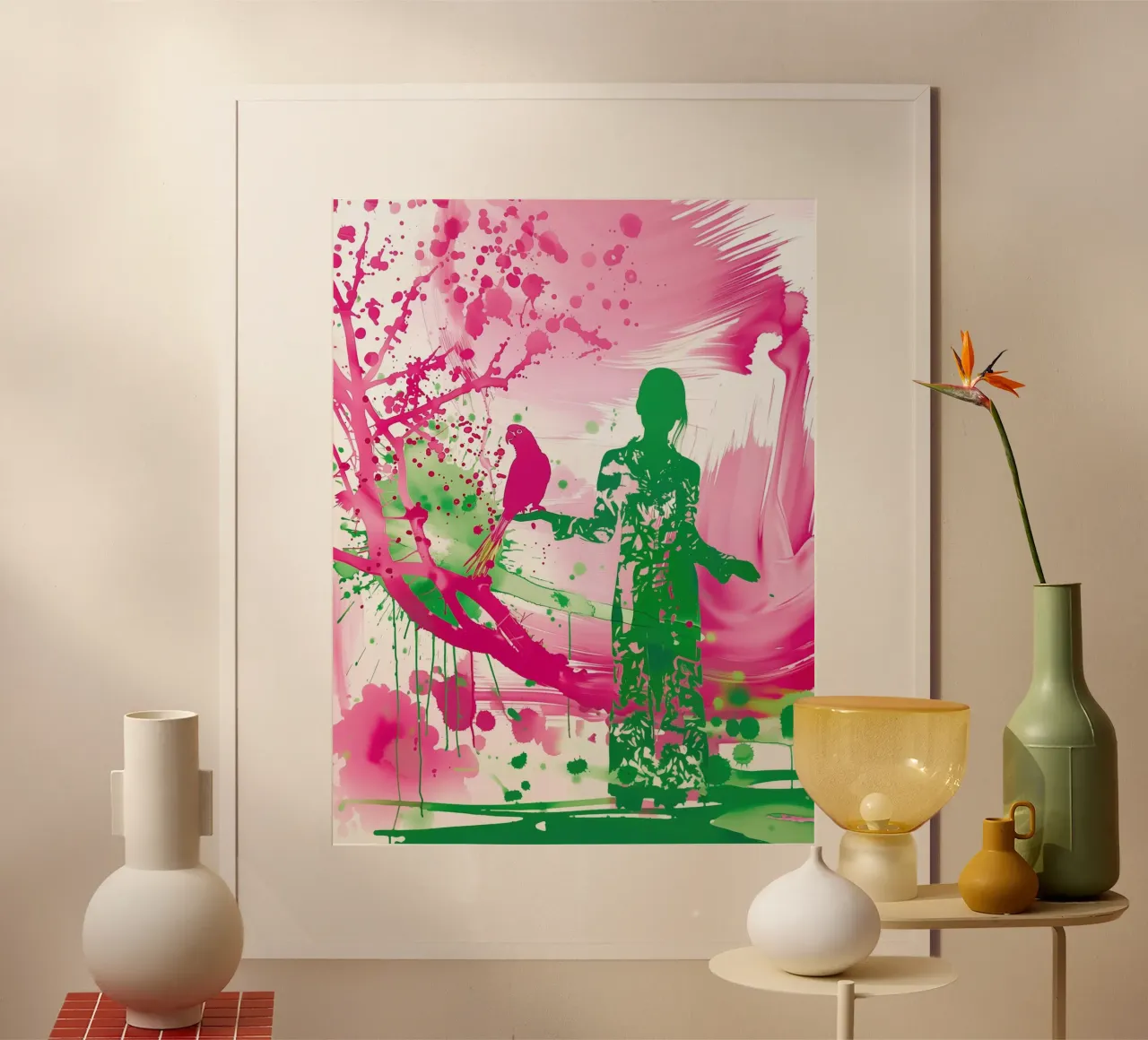 Donna verde con pappagallo rosa | Rivolta spontanea di colori poster da Autofocus