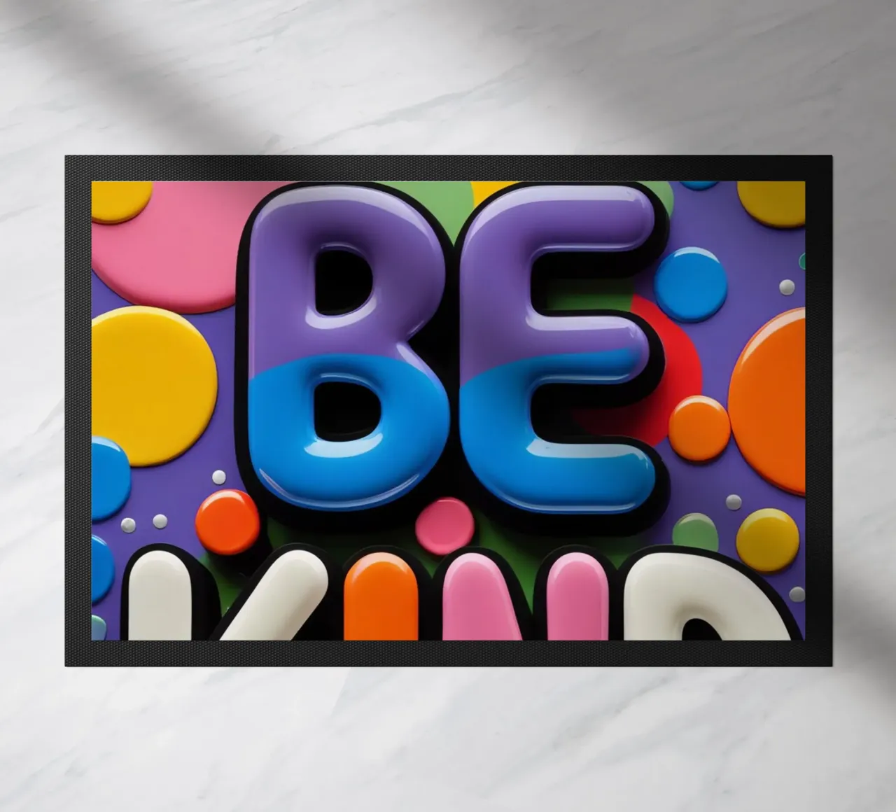 Texto BE KIND con formas de colores felpudo de DesignDoodle