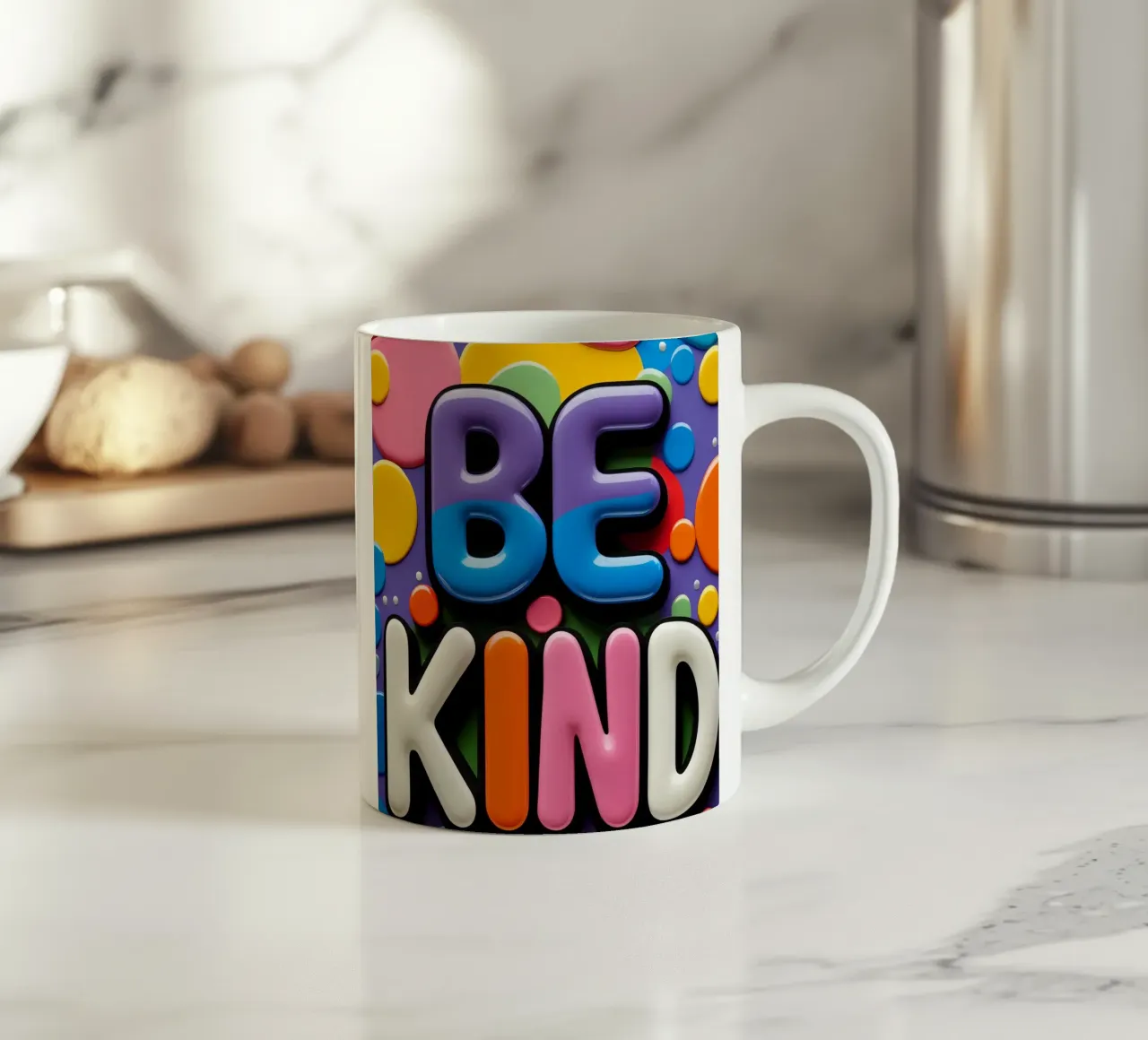 BE KIND tekst met kleurrijke vormen keramische mok van DesignDoodle