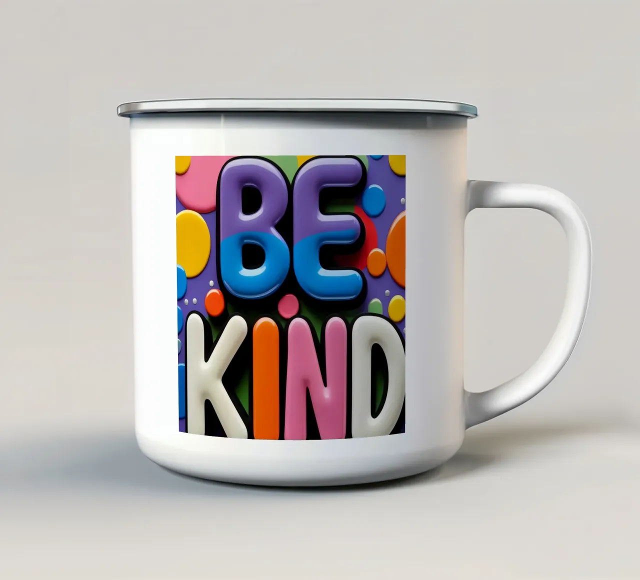 Texto BE KIND con formas de colores taza de esmalte de DesignDoodle