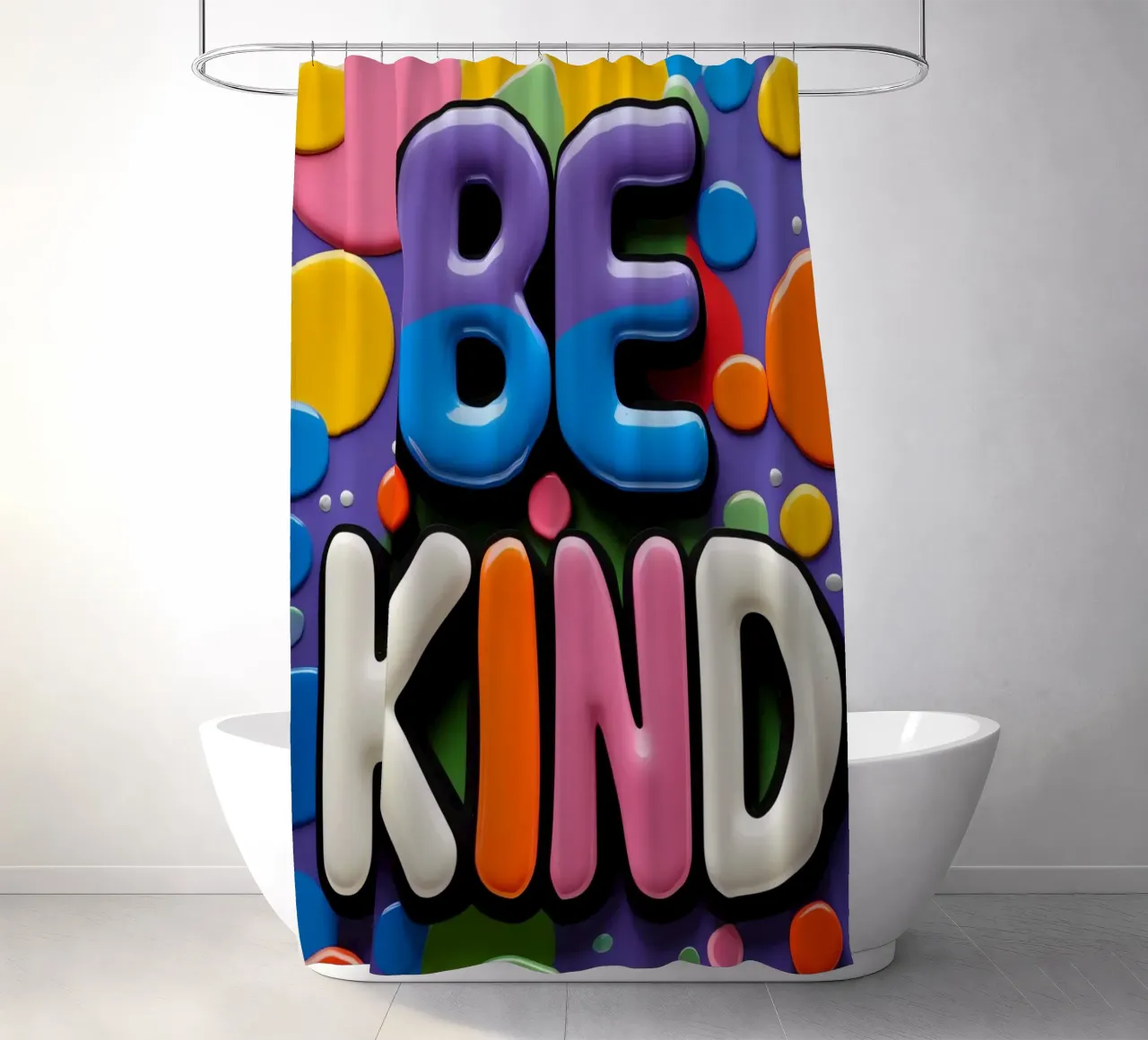 Testo BE KIND con forme colorate tenda da doccia da DesignDoodle