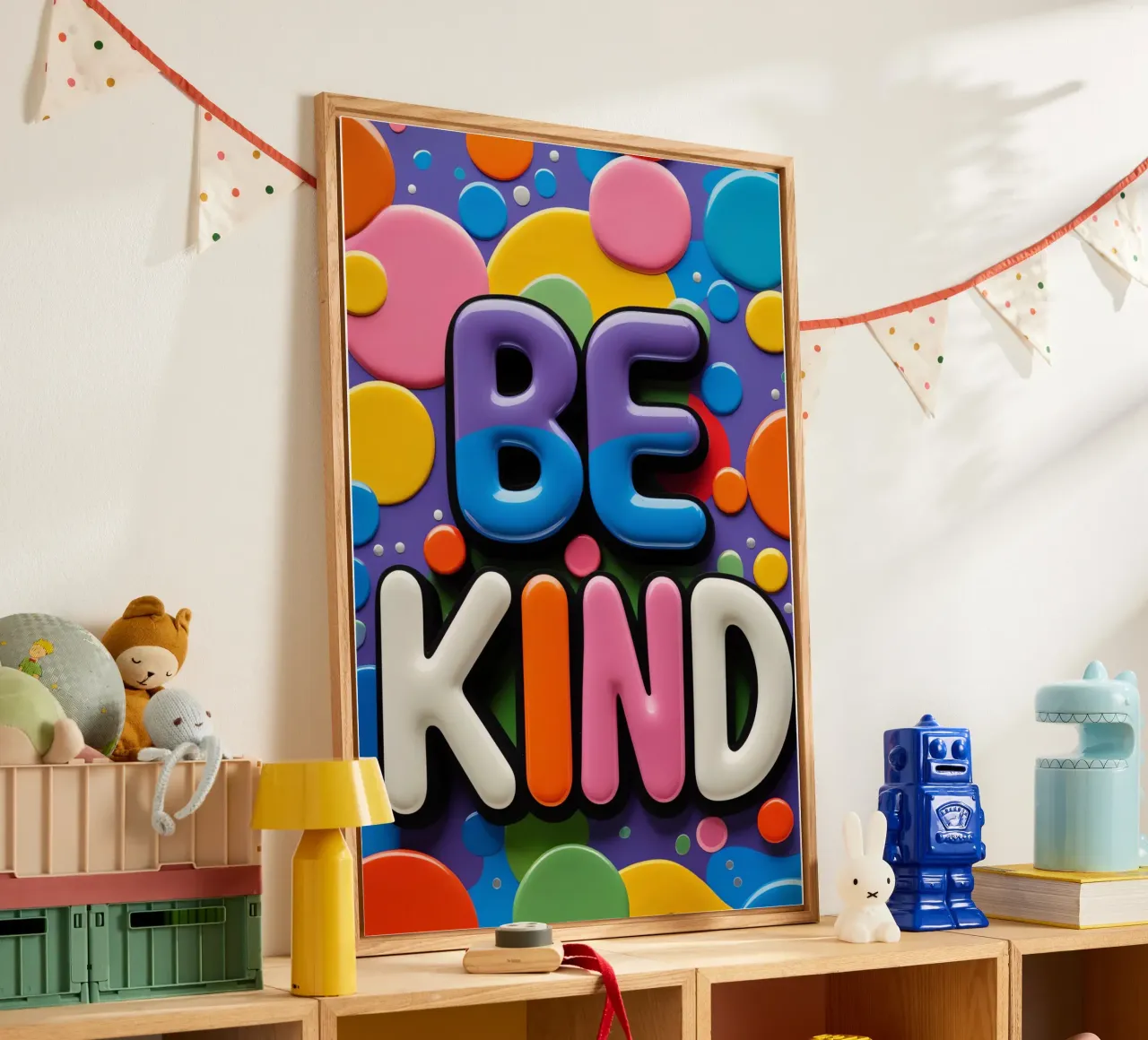 Texto BE KIND con formas de colores metacrilato de DesignDoodle