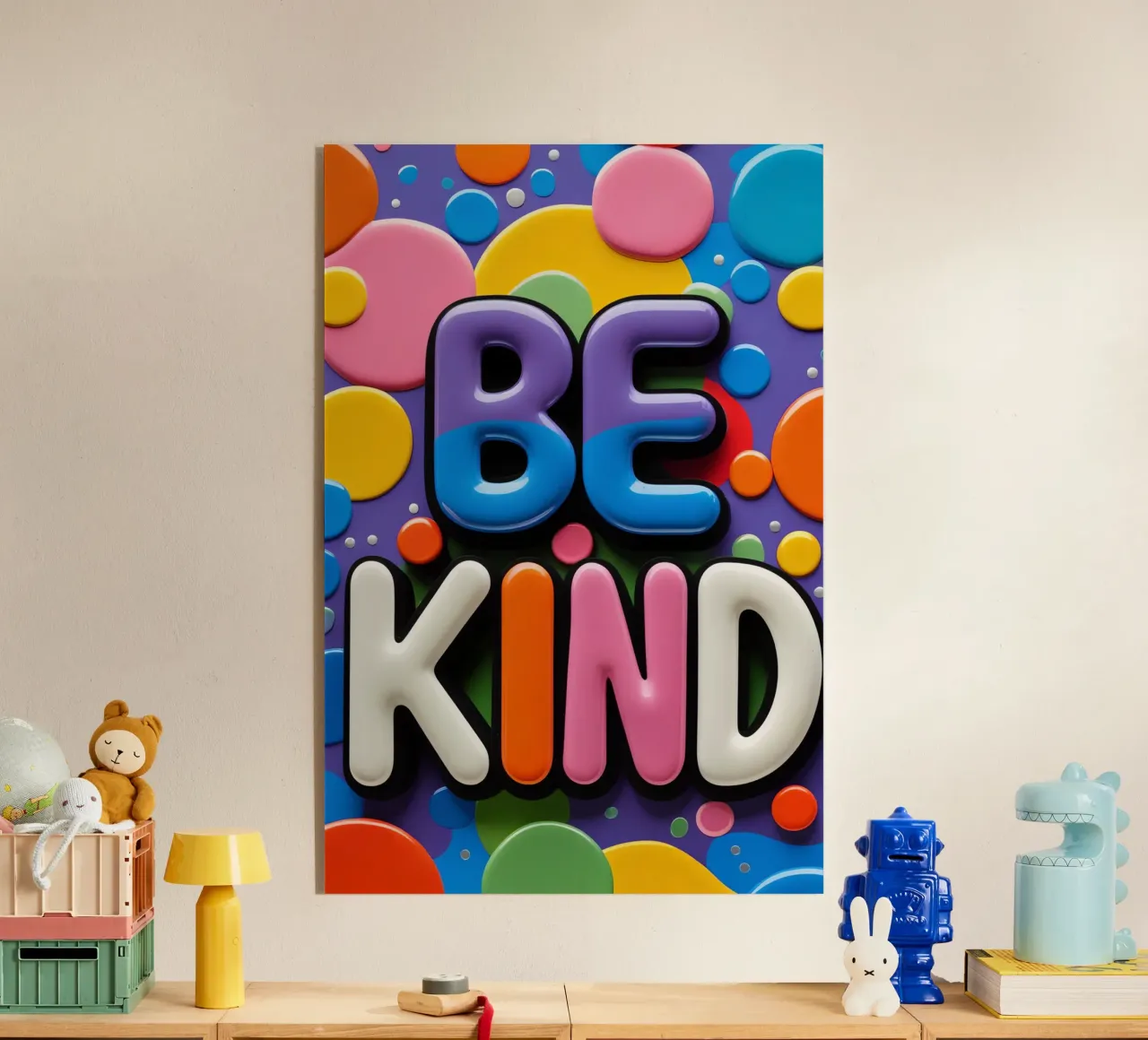 Texto BE KIND con formas de colores metacrilato de DesignDoodle