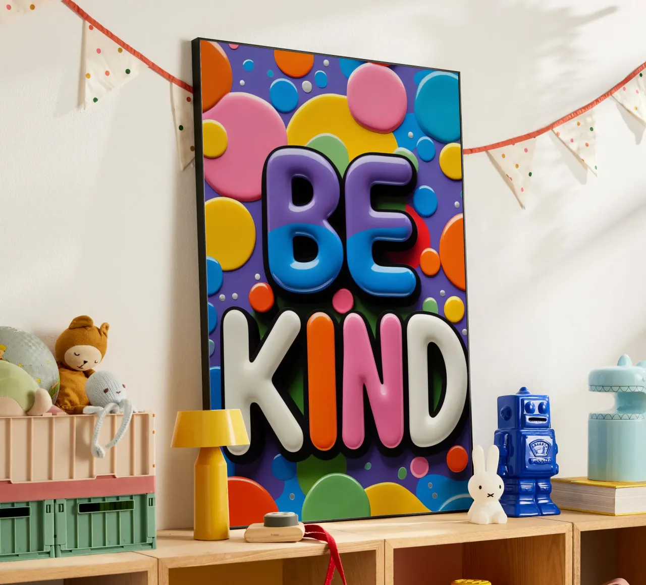 Testo BE KIND con forme colorate pannello forex da DesignDoodle