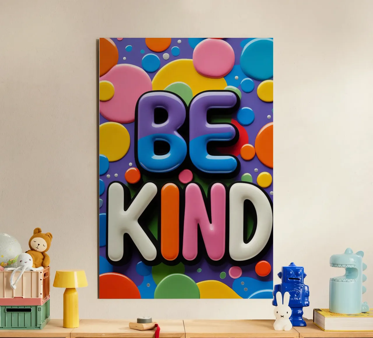 Testo BE KIND con forme colorate pannello forex da DesignDoodle