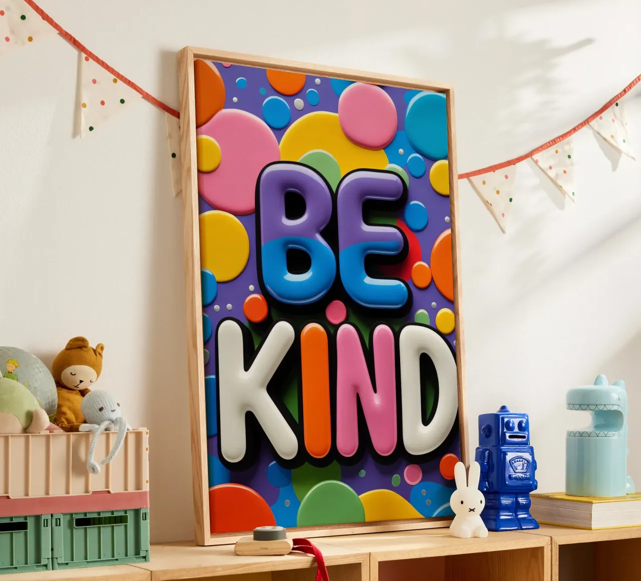 Testo BE KIND con forme colorate tela da DesignDoodle