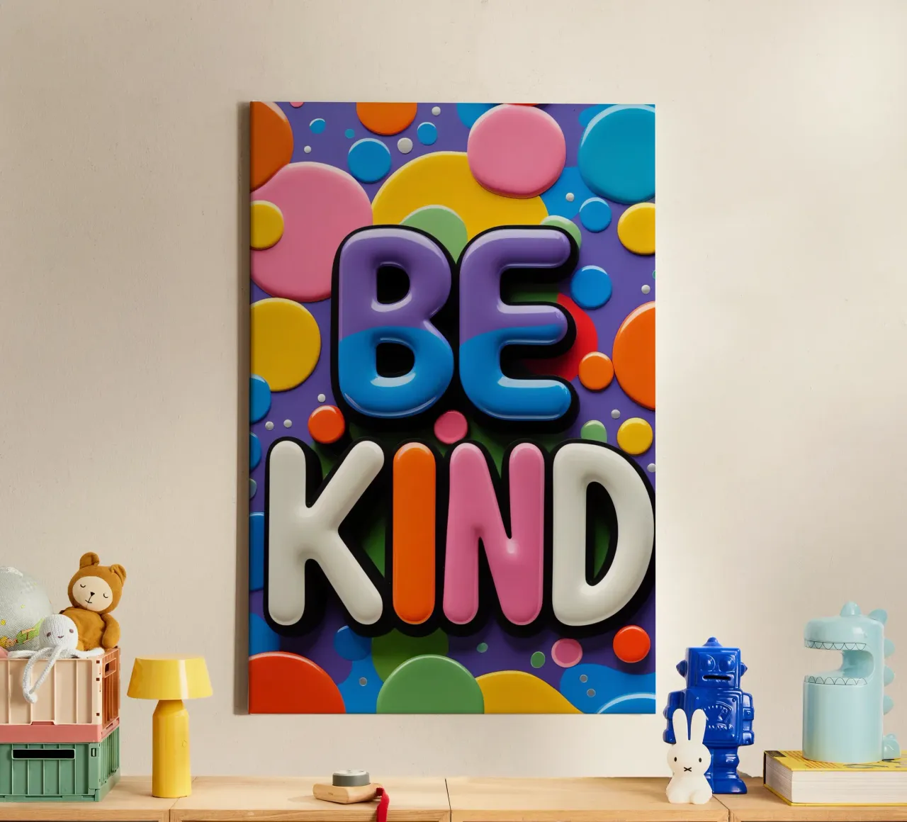 Testo BE KIND con forme colorate tela da DesignDoodle