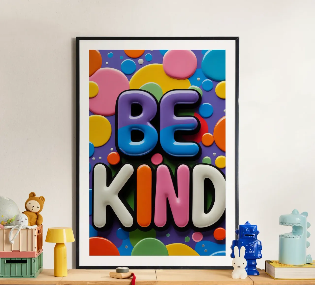 Testo BE KIND con forme colorate carta hahnemühle da DesignDoodle