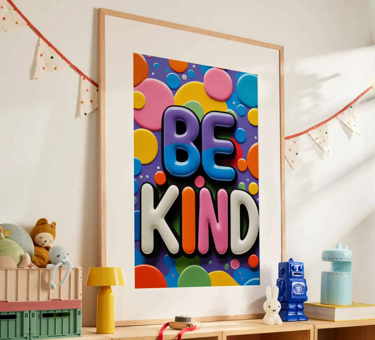 Testo BE KIND con forme colorate carta hahnemühle da DesignDoodle