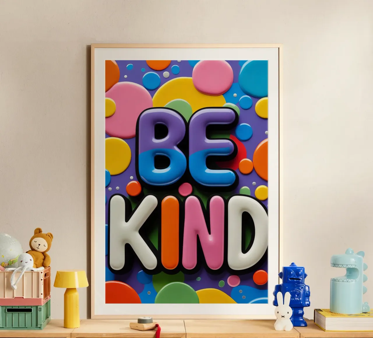Testo BE KIND con forme colorate carta hahnemühle da DesignDoodle