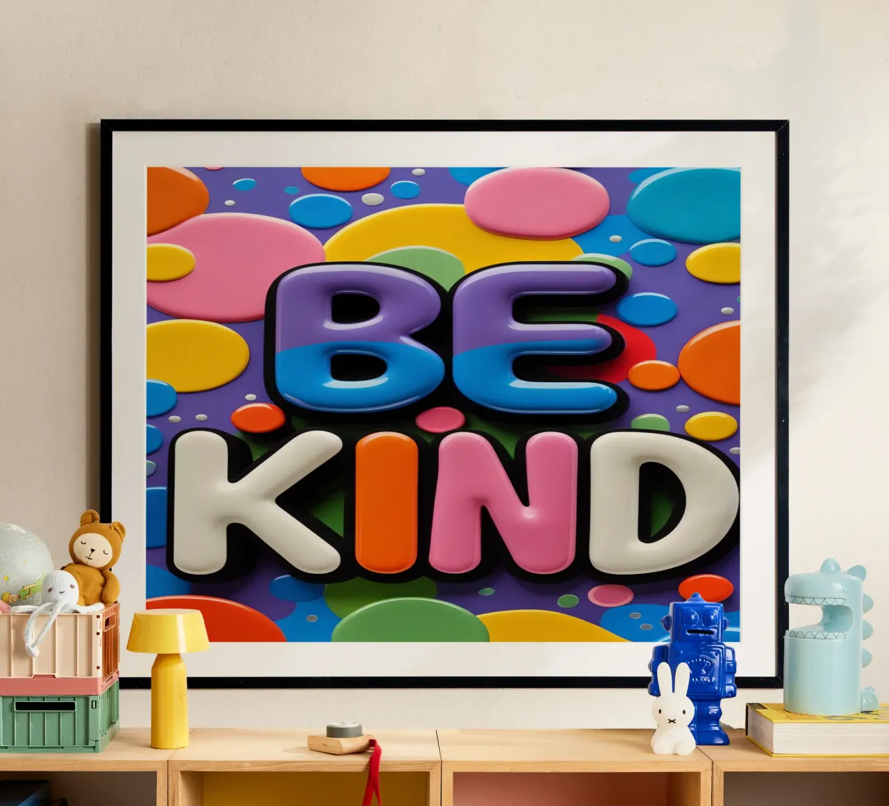 Testo BE KIND con forme colorate carta hahnemühle da DesignDoodle