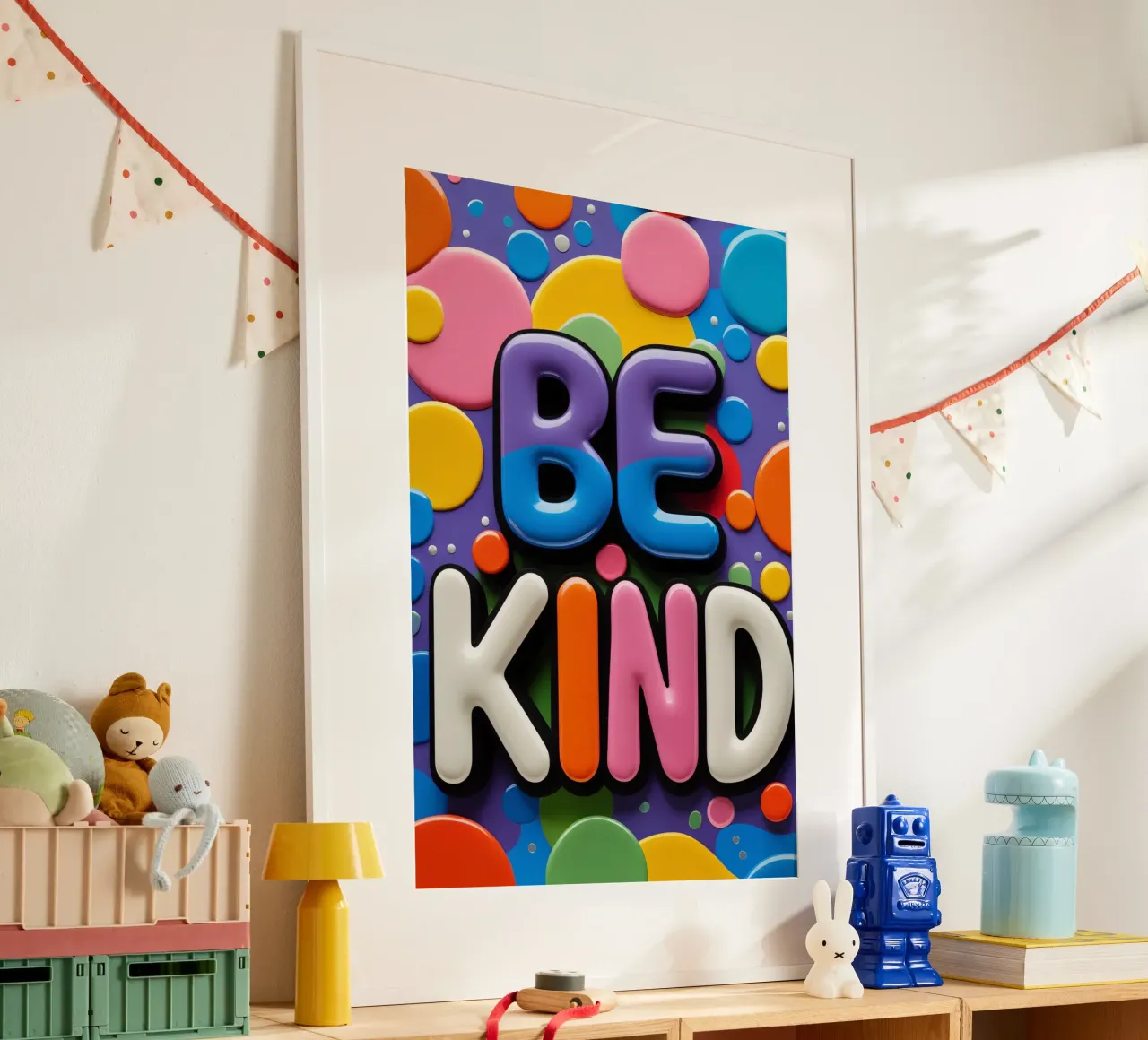 Testo BE KIND con forme colorate carta hahnemühle da DesignDoodle