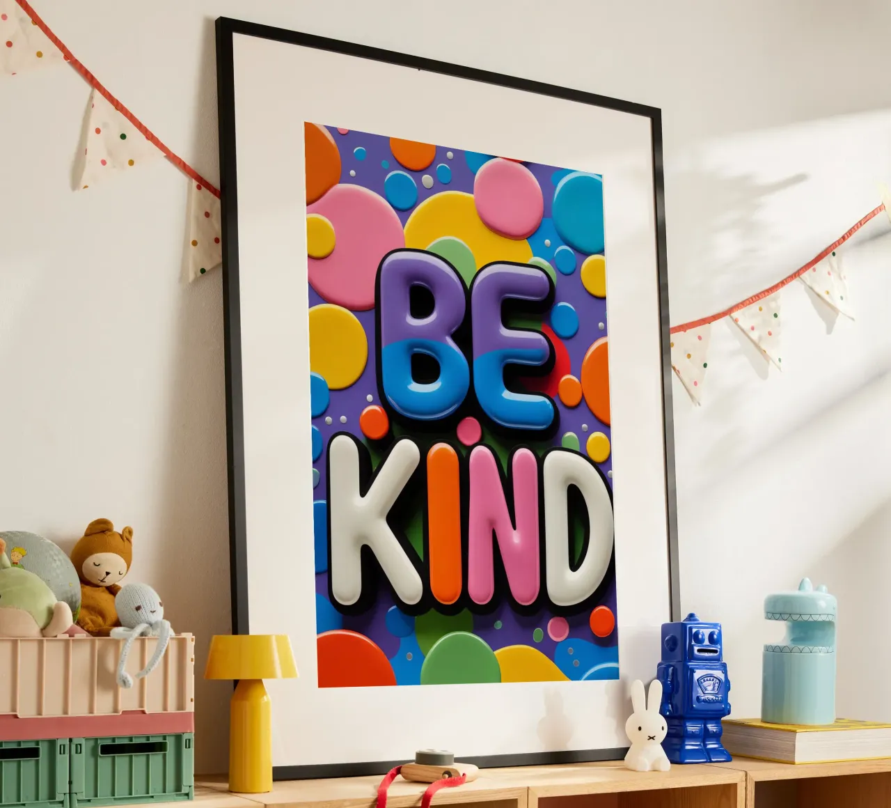 Testo BE KIND con forme colorate carta hahnemühle da DesignDoodle