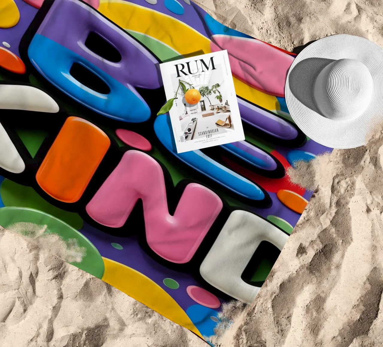 Testo BE KIND con forme colorate telo mare da DesignDoodle