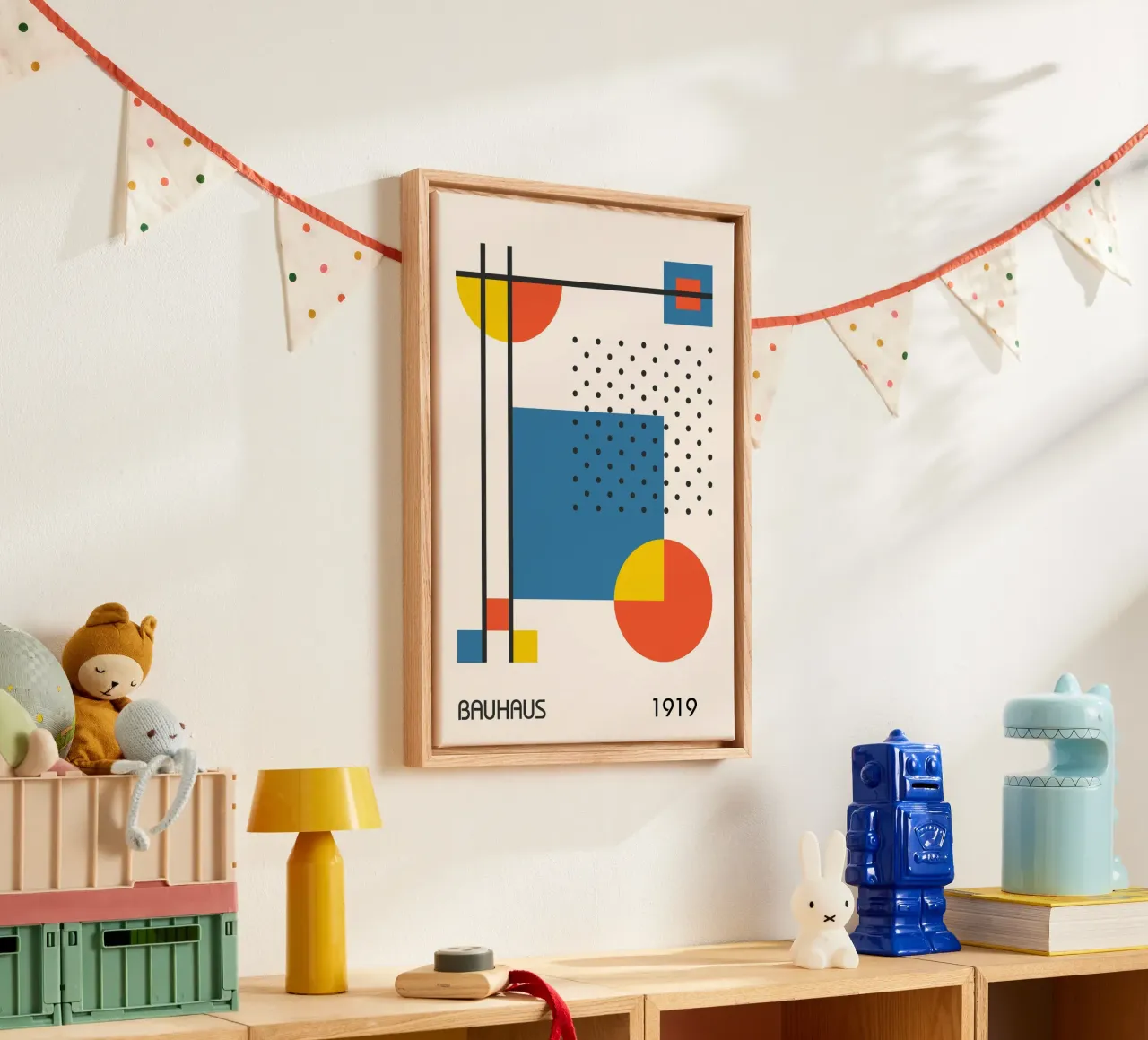 Bauhaus 1919 Geometric Abstract Primary Colors & Dots canvas by Grungeo