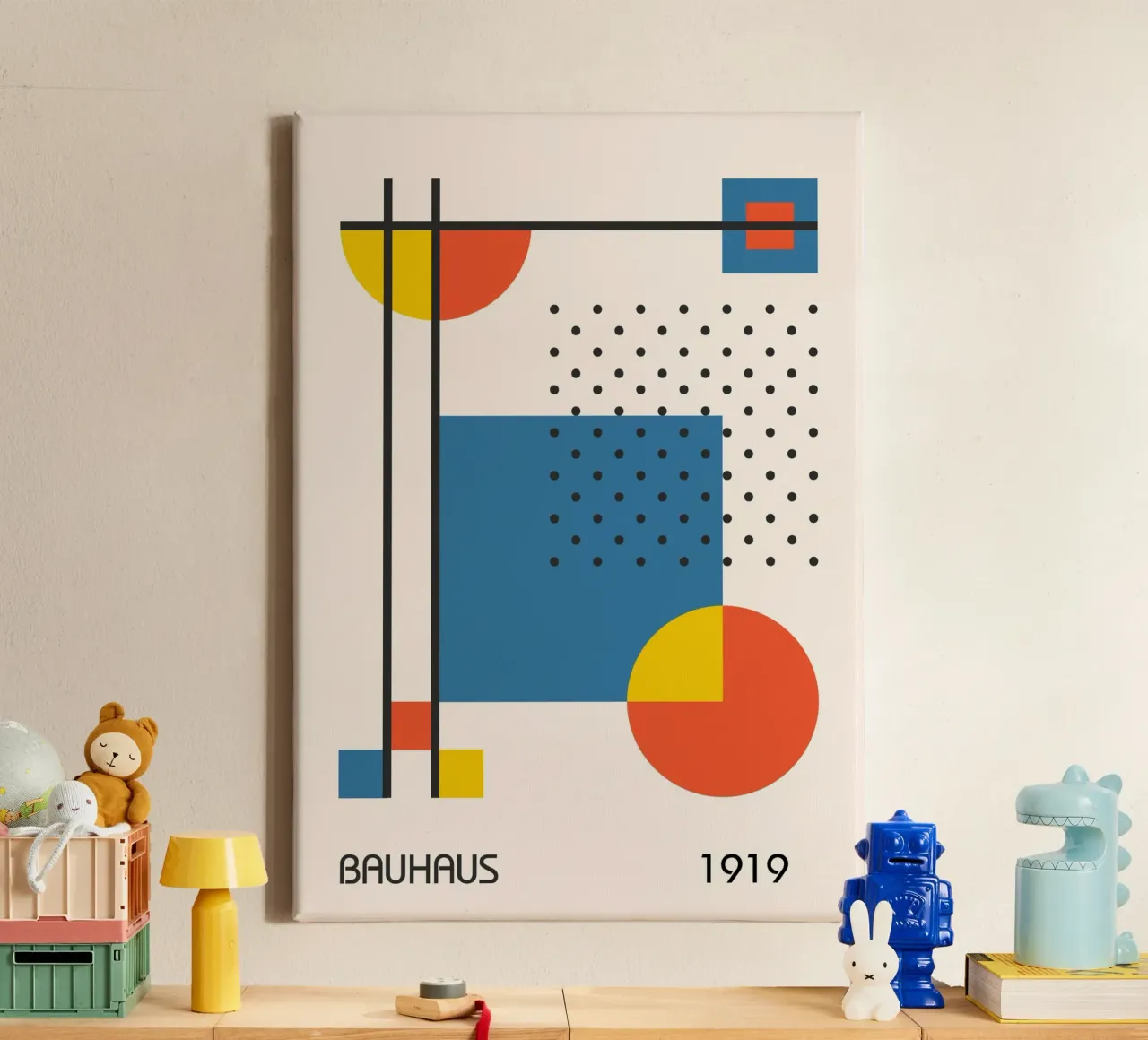 Bauhaus 1919 Geometric Abstract Primary Colors & Dots canvas by Grungeo