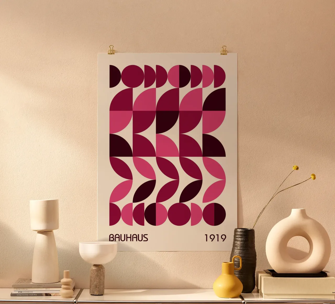 Bauhaus Pattern Poster | Pink & Wine Geometric Design Print Hahnemühle von Grungeo