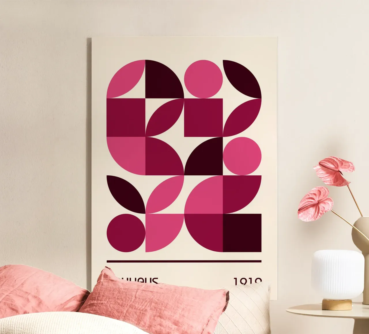 Bauhaus Modulaire Abstracte Print | Roze & Pruim Geometrische Vorm acryl van Grungeo