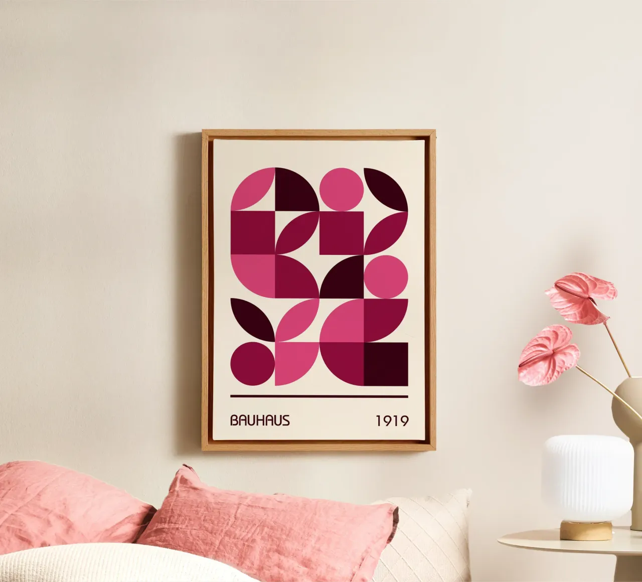 Bauhaus Modulaire Abstracte Print | Roze & Pruim Geometrische Vorm canvas van Grungeo