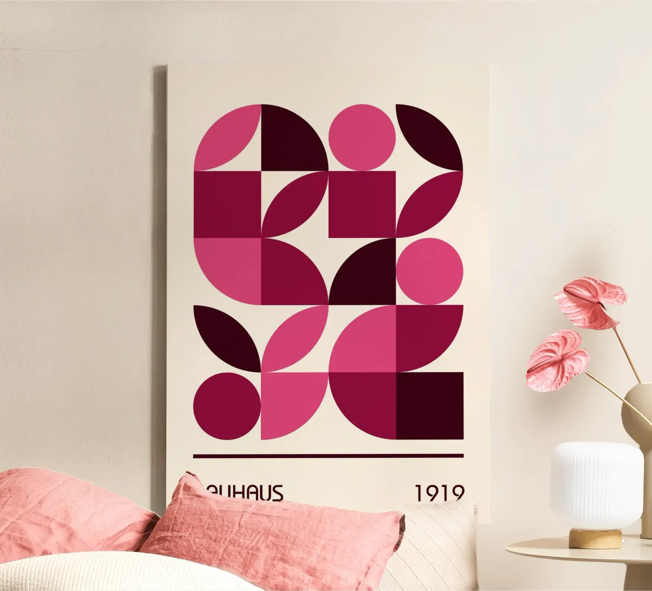 Bauhaus Modulaire Abstracte Print | Roze & Pruim Geometrische Vorm canvas van Grungeo
