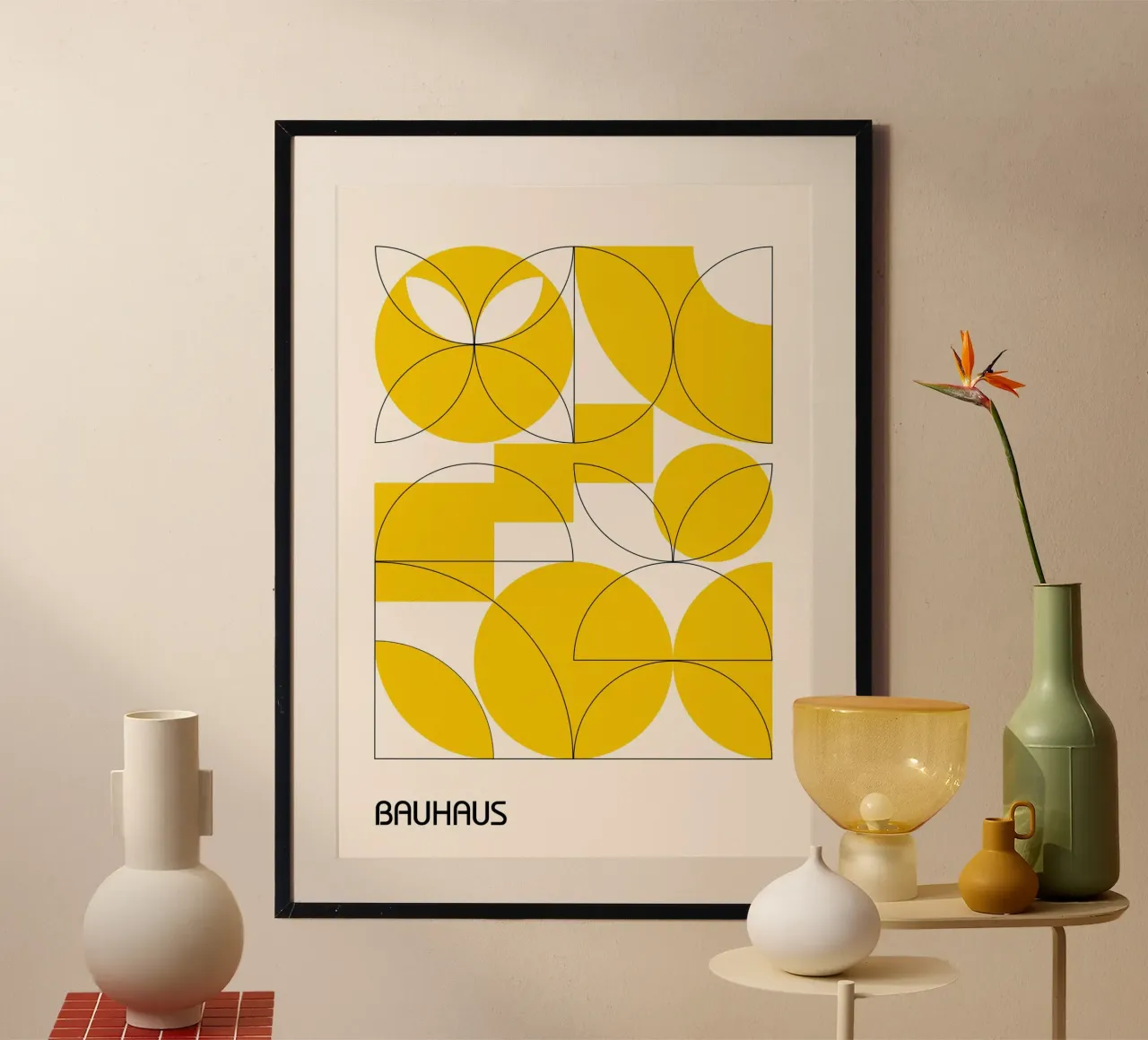 Bauhaus Yellow Geometry Print | Abstract Circles & Squares hahnemühle by Grungeo